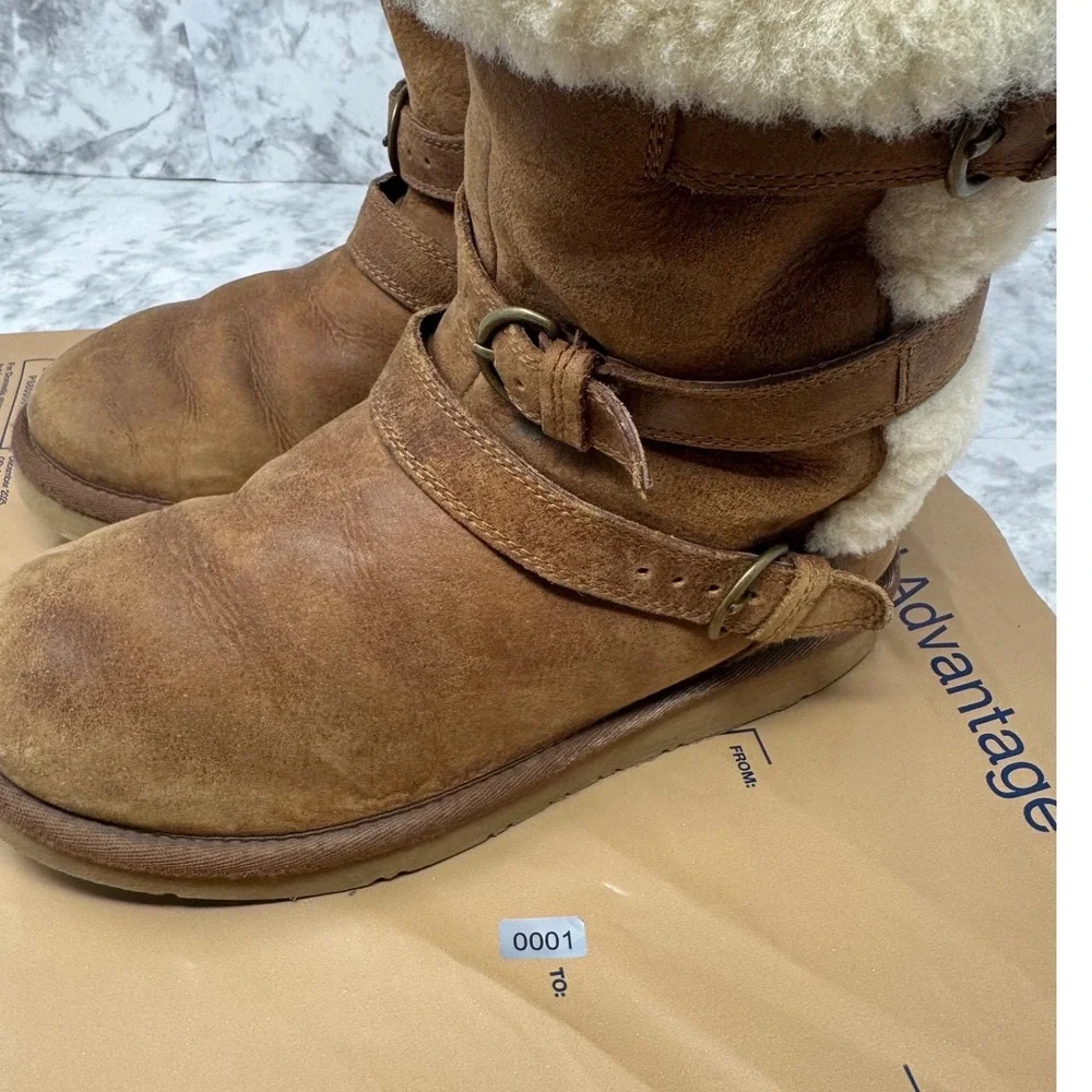 UGG Australia Women Triple Buckle Shearling Suede Boots Chestnut 1008350 6